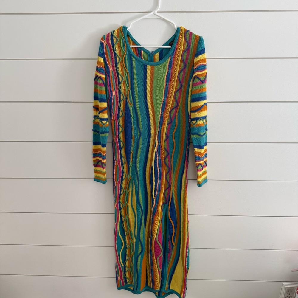 Vintage Bergati Coogi Style Sweater Midi Dress Womens XL Colorful Stripe Knit